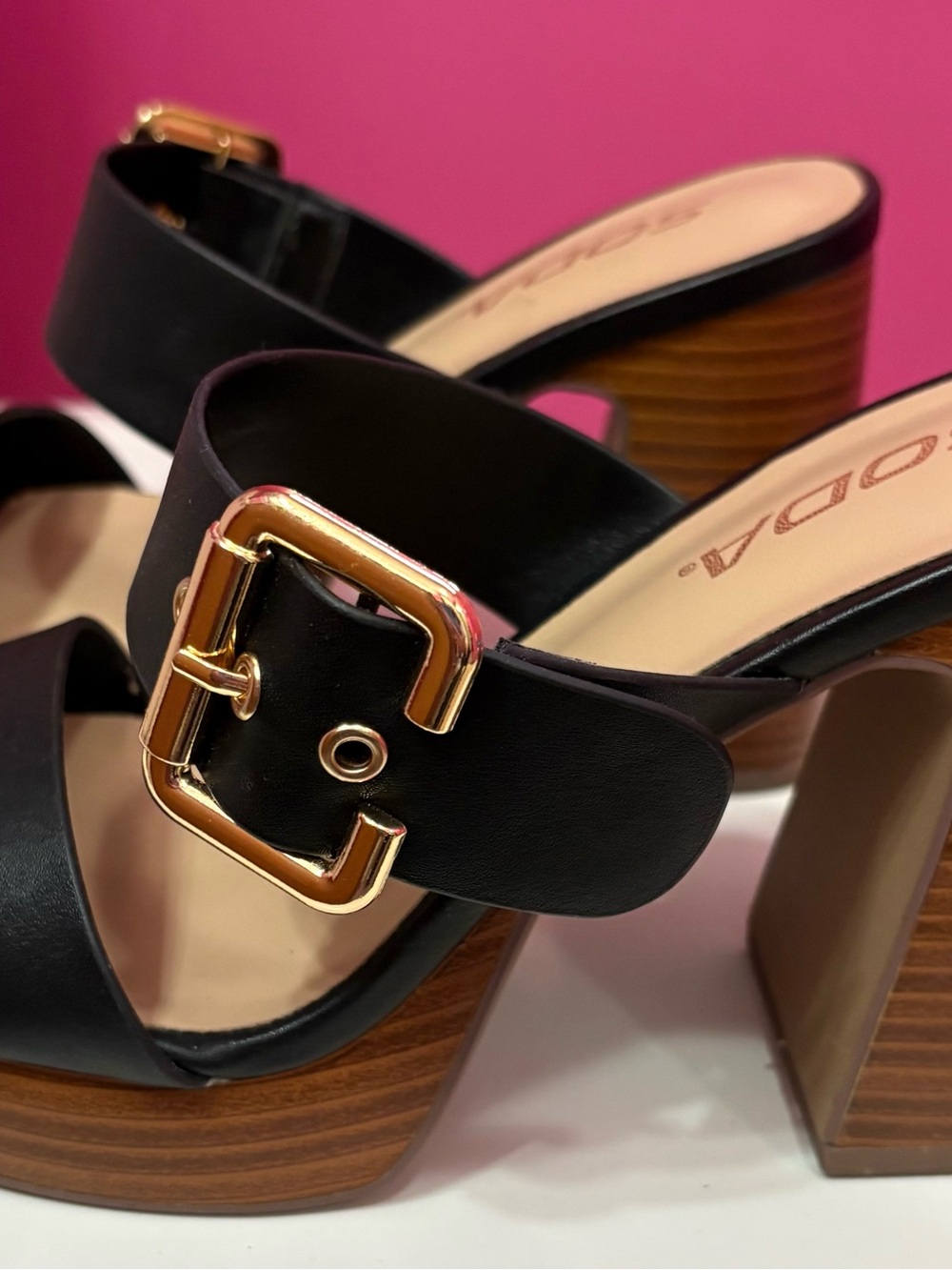 Soda Black Platform Slide with Gold Buckle